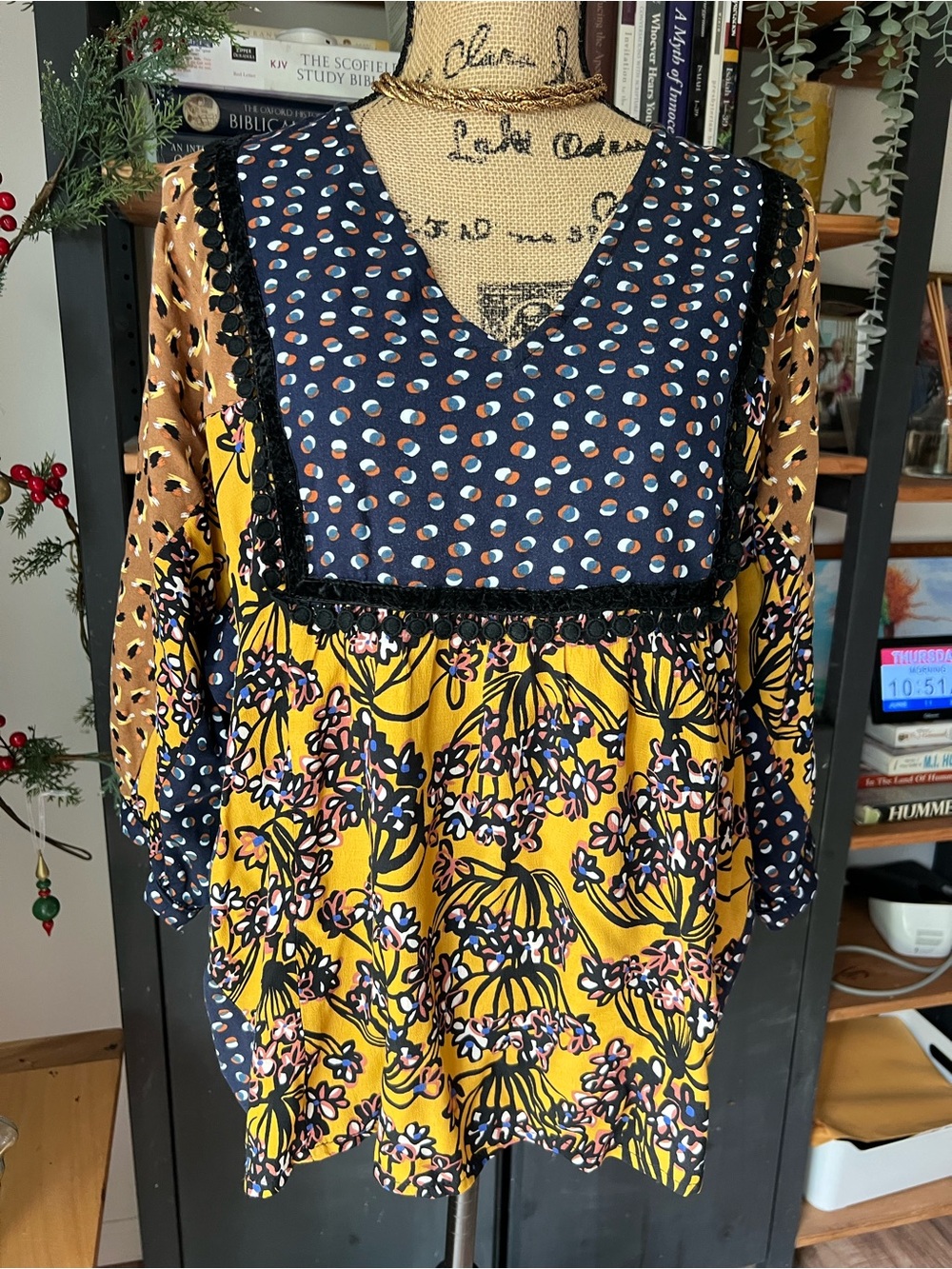 ivy jane Navy and Brown Mixed-Print Blouse with Yellow Accents